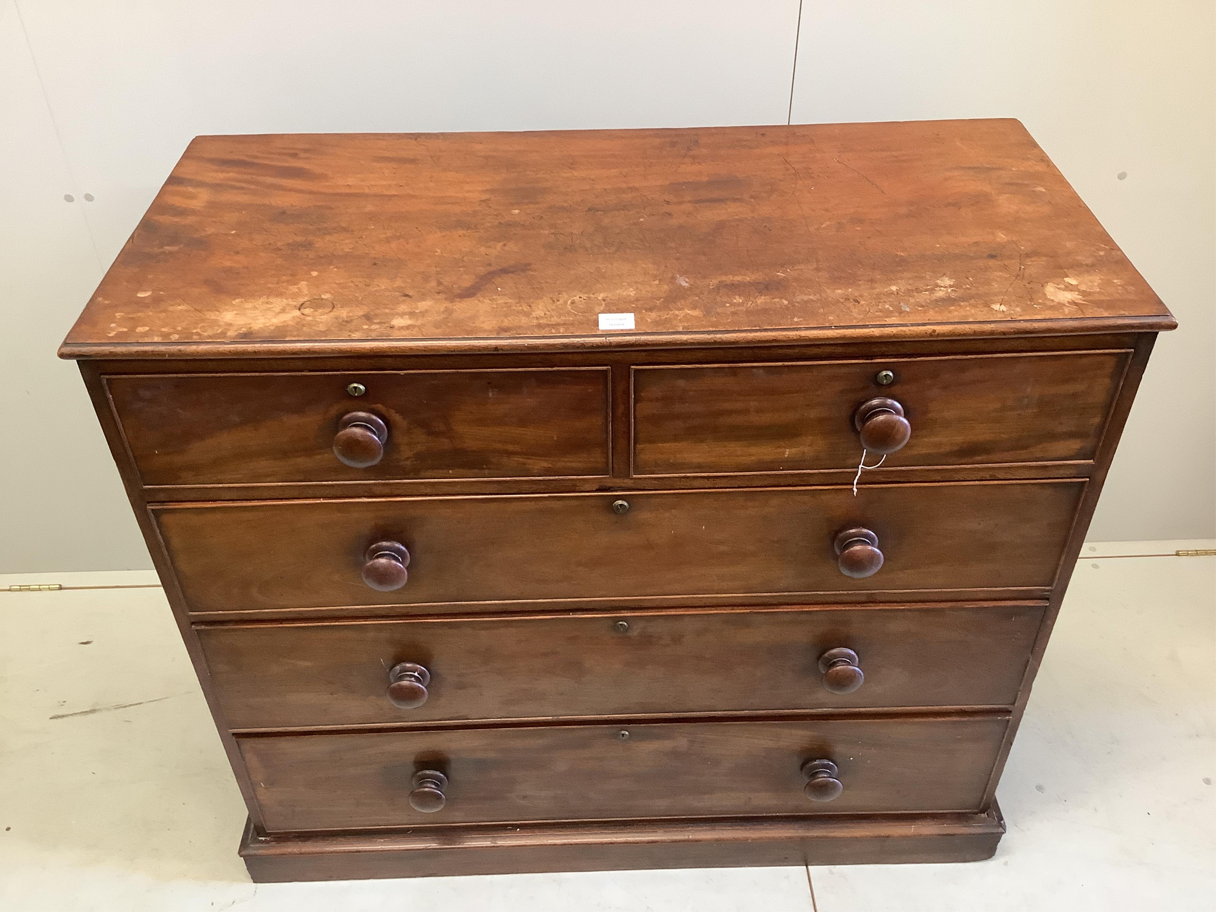 An early Victorian mahogany five drawer chest, width 124cm, depth 56cm, height 107cm. Condition - fair